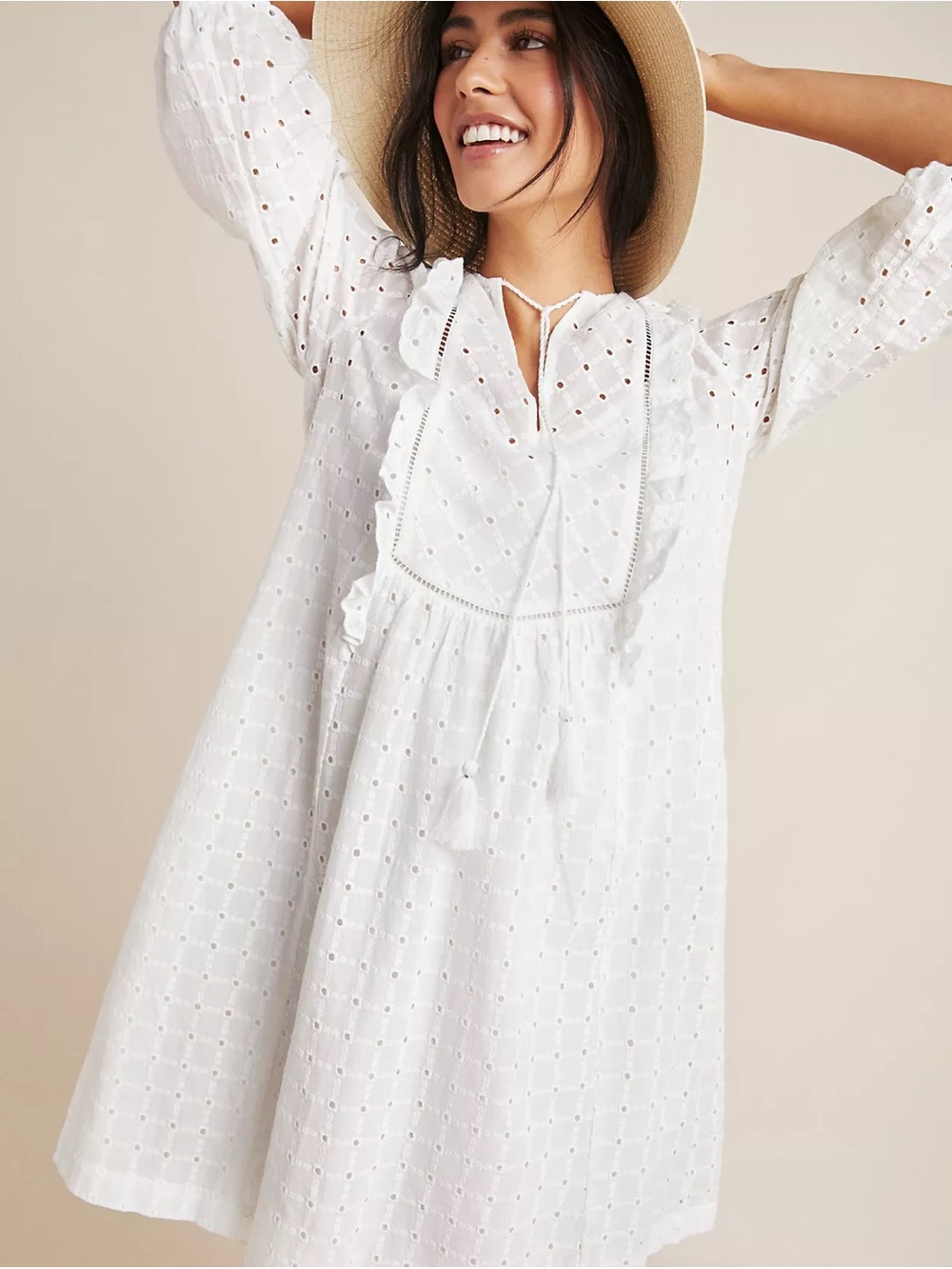 Anthropologie - 100% Cotton White Eyelet Lace Sundress 3/4 Sleeves - Size 4